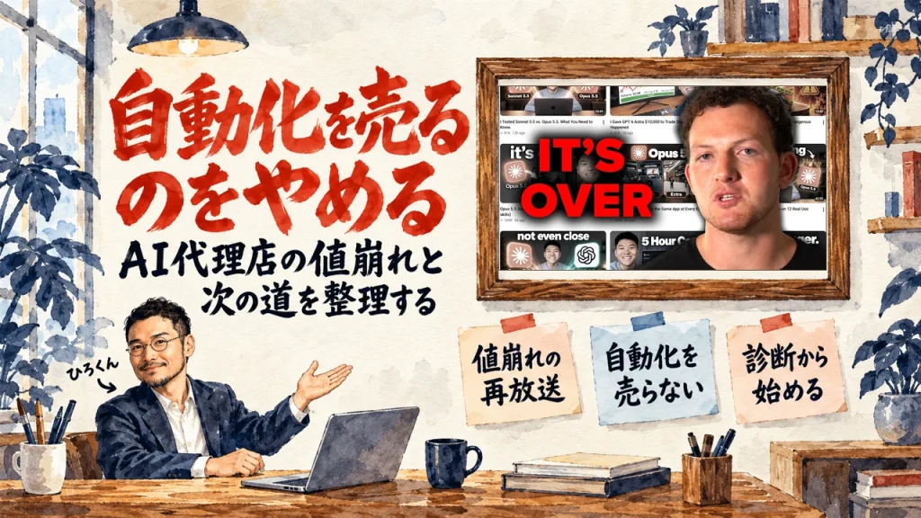 自動化を売るのをやめる。AI代理店の値崩れと次の道を整理した記事のアイキャッチ。額縁の中は動画のサムネイル
