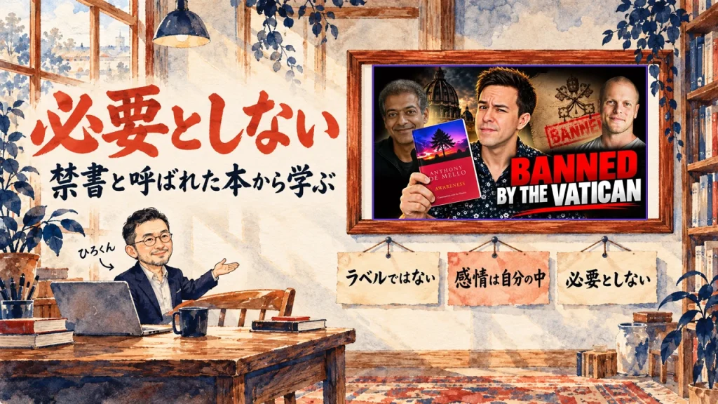 水彩の部屋で、ひろくんが壁の額縁を手で示している。額縁の中は、禁書と呼ばれた本を扱った動画のサムネイル