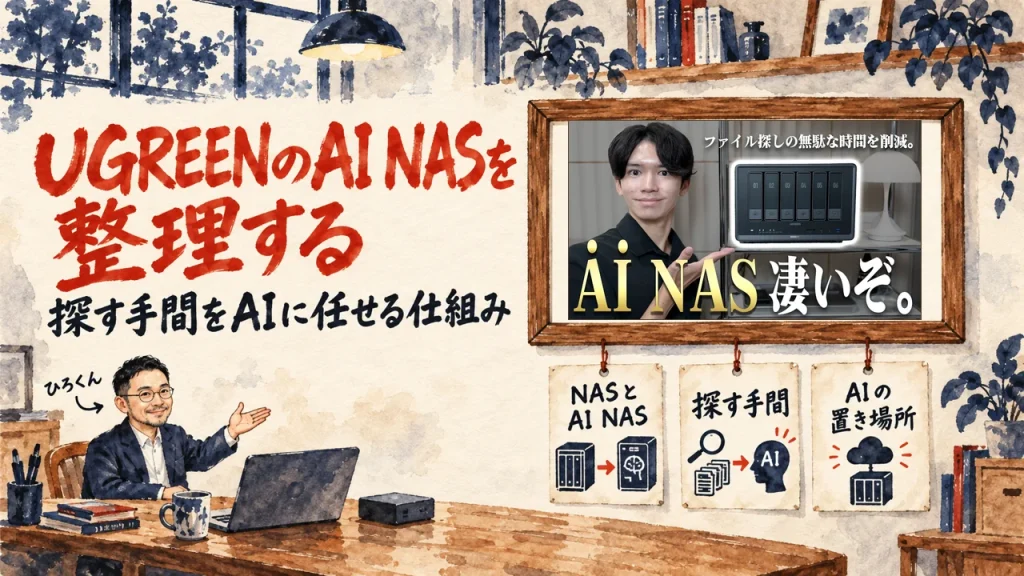 UGREENのAI NASをテーマにしたアイキャッチ。机のノートPCの前で手を差し出すひろくんと、壁に貼られたNASとAI NASの違い、データを探す手間、AIの置き場所の3枚の札。壁の額縁に動画のサムネイル