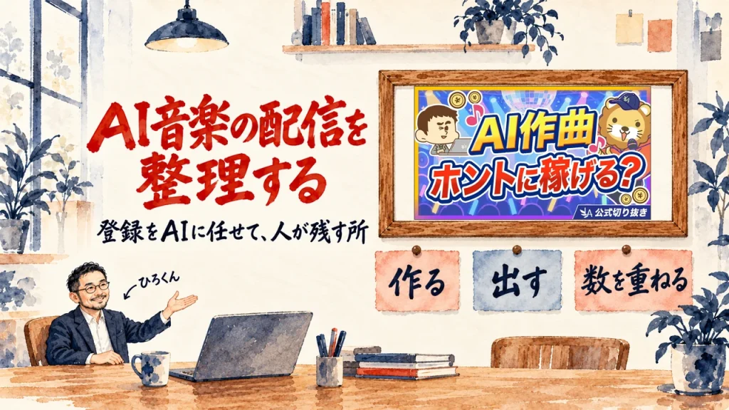 AI音楽の配信をテーマにしたアイキャッチ。机のノートPCの前で手を差し出すひろくんと、壁に貼られた作る、出す、数を重ねる、の3枚の札。壁の額縁に動画のサムネイル