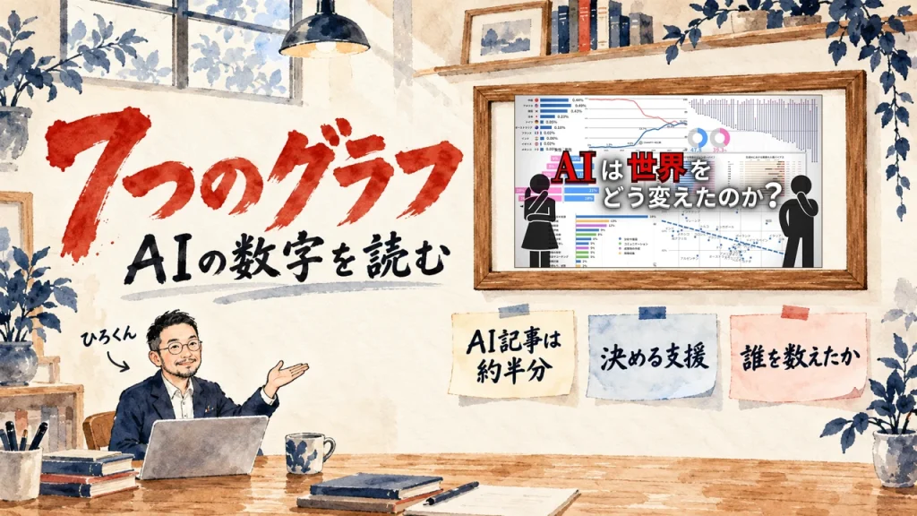 水彩の部屋で、ひろくんが壁の額縁を手で示している。左上の題字は、7つのグラフ、AIの数字を読む。額縁の中は、AIにまつわる7つのグラフを扱った動画のサムネイル