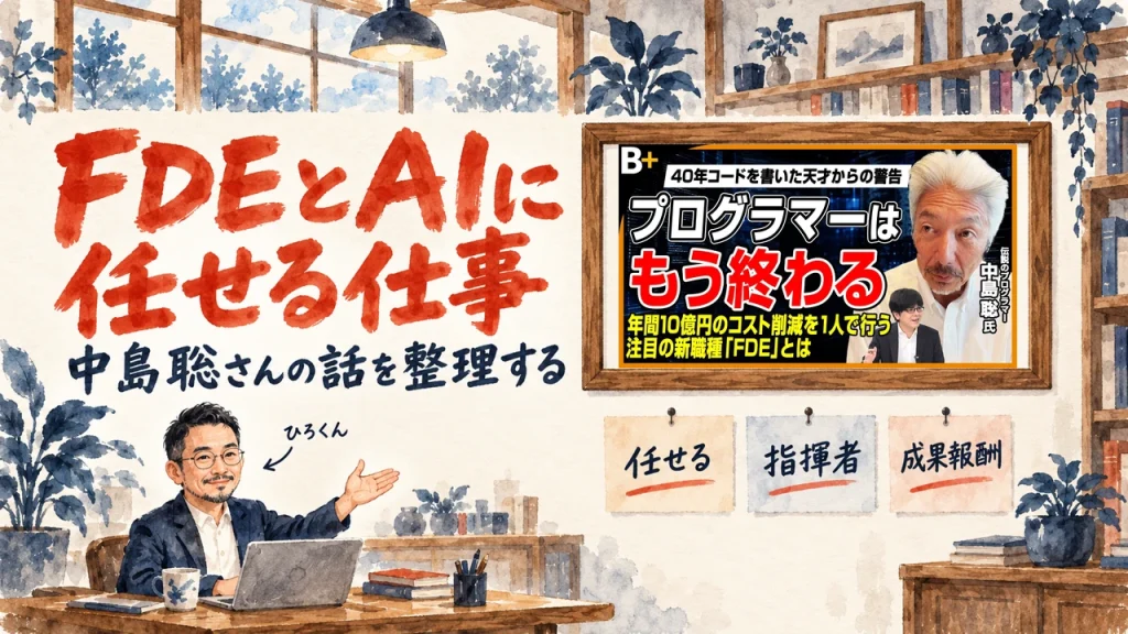 FDEとAIに任せる仕事をテーマにしたアイキャッチ。机のノートPCの前で手を差し出すひろくんと、壁に貼られた任せる・指揮者・成果報酬の3枚の札。壁の額縁に動画のサムネイル