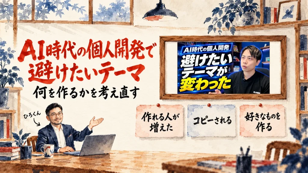 「AI時代の個人開発で避けたいテーマ」の題字と、ひろくんが話す書斎の水彩イラスト。壁の額に入った、動画のサムネイル