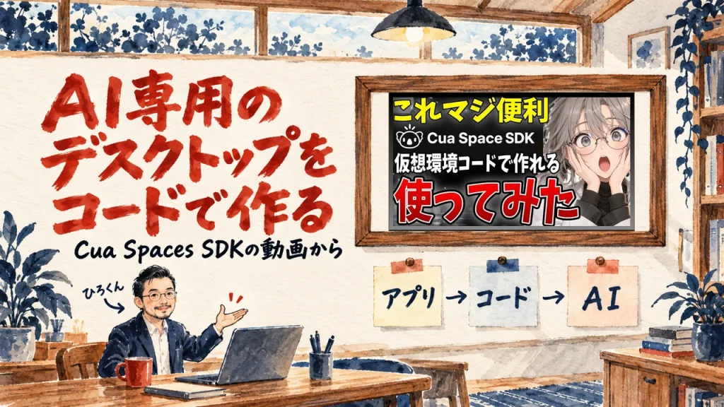 AI専用のデスクトップをコードで作る、の題字と、ひろくんが話す書斎の水彩イラスト。壁に動画のサムネイル