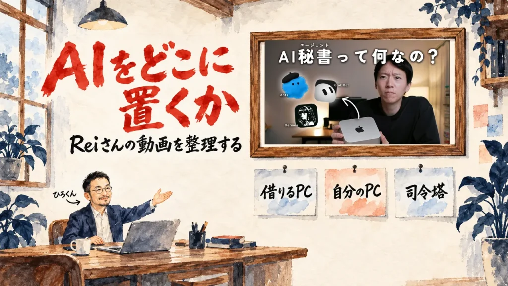 水彩の部屋で、ひろくんが机に向かって手を広げている。壁の額縁にReiさんの動画のサムネイルが飾られ、下の三枚の札に借りるPC、自分のPC、司令塔と書かれている。タイトルはAIをどこに置くか。動画のサムネイル