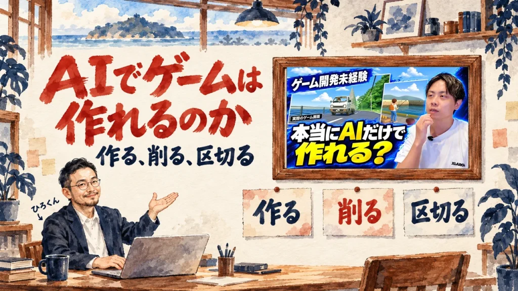 書斎でノートパソコンに向かうひろくんが、壁の額縁に入った入江慎吾さんの動画のサムネイルを手で示している。見出しはAIでゲームは作れるのか、下に作る、削る、区切るの3枚の札。動画のサムネイル