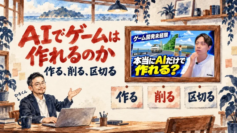 書斎でノートパソコンに向かうひろくんが、壁の額縁に入った入江慎吾さんの動画のサムネイルを手で示している。見出しはAIでゲームは作れるのか、下に作る、削る、区切るの3枚の札。動画のサムネイル