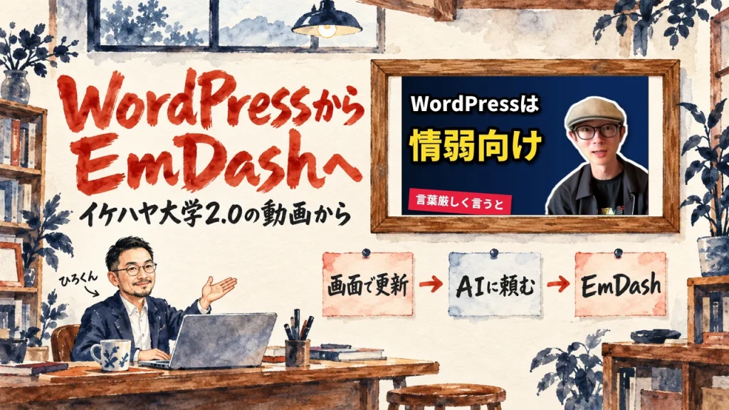 WordPressからEmDashへ、の題字と、ひろくんが話す書斎の水彩イラスト。壁に動画のサムネイル