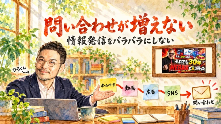 情報発信をバラバラにしない話を紹介するひろくんと、壁に動画のサムネイル