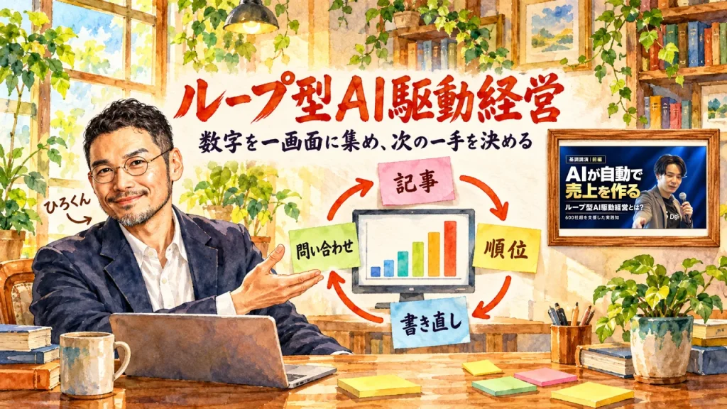 ループ型AI駆動経営を話すひろくんと、壁に動画のサムネイル