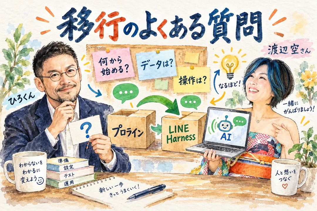 ひろくんと空さんが、LINE Harnessのよくある質問に答える様子を描いたグラレコ