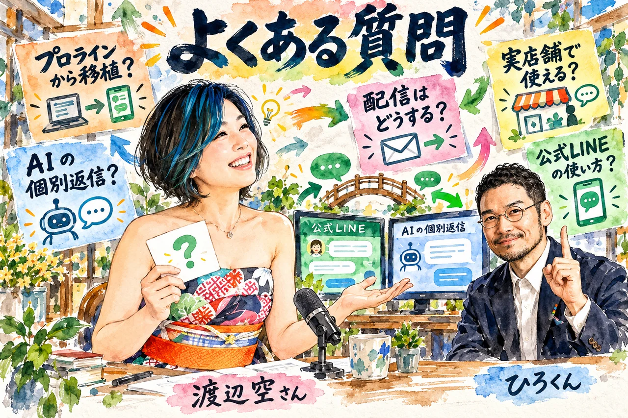 よくある質問｜渡辺空さんとひろくんが、プロラインからの移植、AIの個別返信、実店舗での公式LINEの使い方などの質問カードに答えるグラレコ