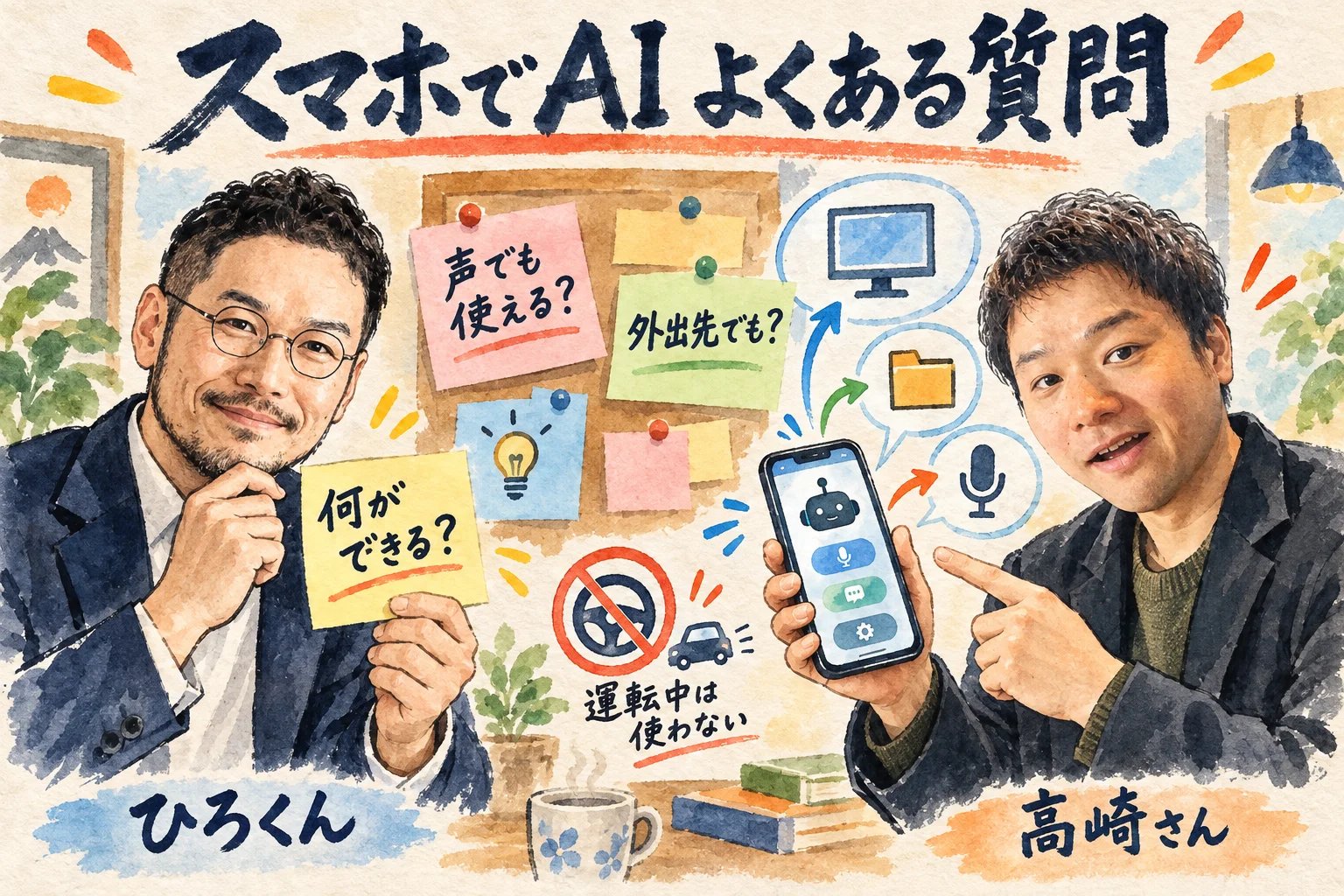 ひろくんと高崎さんが、スマホでAIを動かす時のよくある質問に答える様子を描いたグラレコ