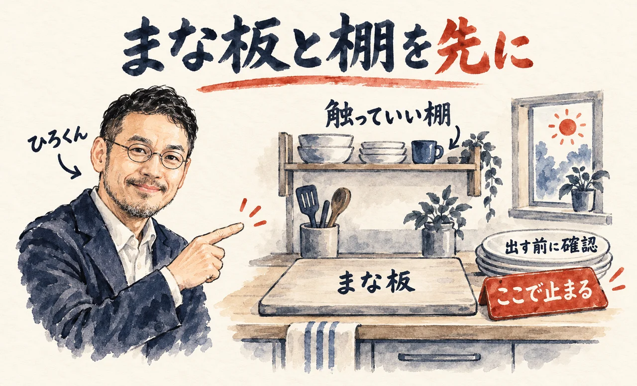 ひろくんが、台所のまな板と「触っていい棚」を指し、皿の前に朱色の札「ここで止まる」が立つコラム図解