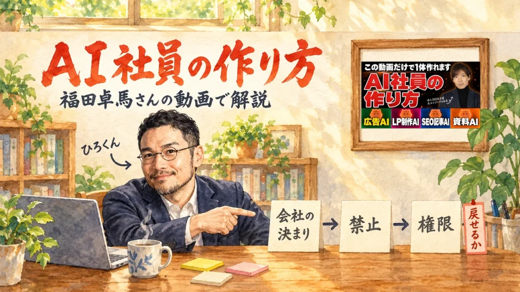 ひろくんが机の前で「会社の決まり」「禁止」「権限」の3枚の札を指さし、朱色の札「戻せるか」が添えられたアイキャッチ。右の額縁に動画のサムネイル(福田卓馬さんのAI社員の作り方の動画)。題字は「AI社員の作り方」福田卓馬さんの動画で解説。壁に動画のサムネイル