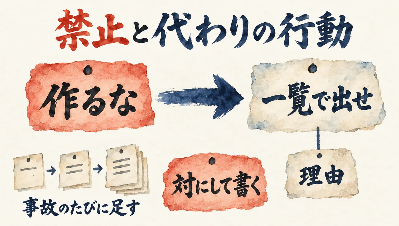 朱色の札「作るな」から札「一覧で出せ」へ太い矢印が伸び、小さな札「理由」、付箋が増える「事故のたびに足す」、朱色の札「対にして書く」がある図解