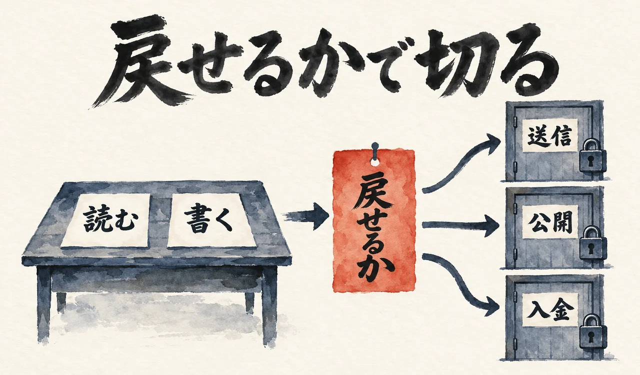 机の上の札「読む」「書く」から朱色の札「戻せるか」を通り、鍵のかかった扉「送信」「公開」「入金」へ矢印が分かれる図解