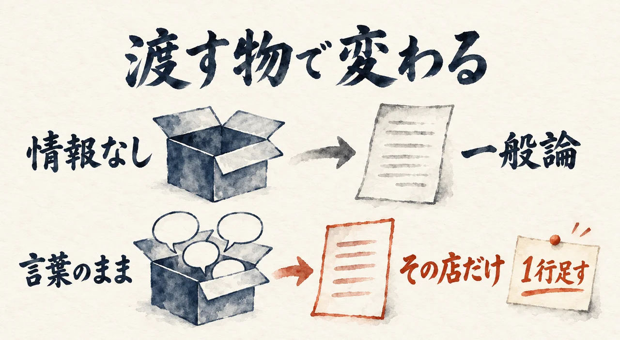 空の箱「情報なし」からは紙「一般論」、吹き出しの入った箱「言葉のまま」からは朱色の縁の紙「その店だけ」が出て、付箋「1行足す」が添えられた図解