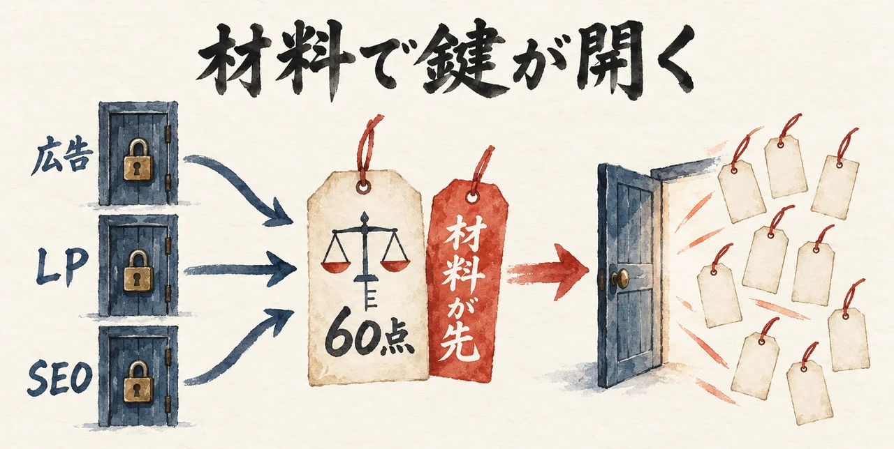 鍵のかかった扉「広告」「LP」「SEO」から札「60点」と朱色の札「材料が先」を通り、開いた扉から多くの札が出てくる図解