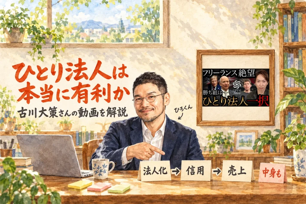 ひろくんが机の前で「法人化」「信用」「売上」の3枚の札を指さし、朱色の札「中身も」が添えられたアイキャッチ。右の額縁に動画のサムネイル（古川大策さんのひとり法人の動画）。題字は「ひとり法人は本当に有利か」古川大策さんの動画を解説。壁に動画のサムネイル