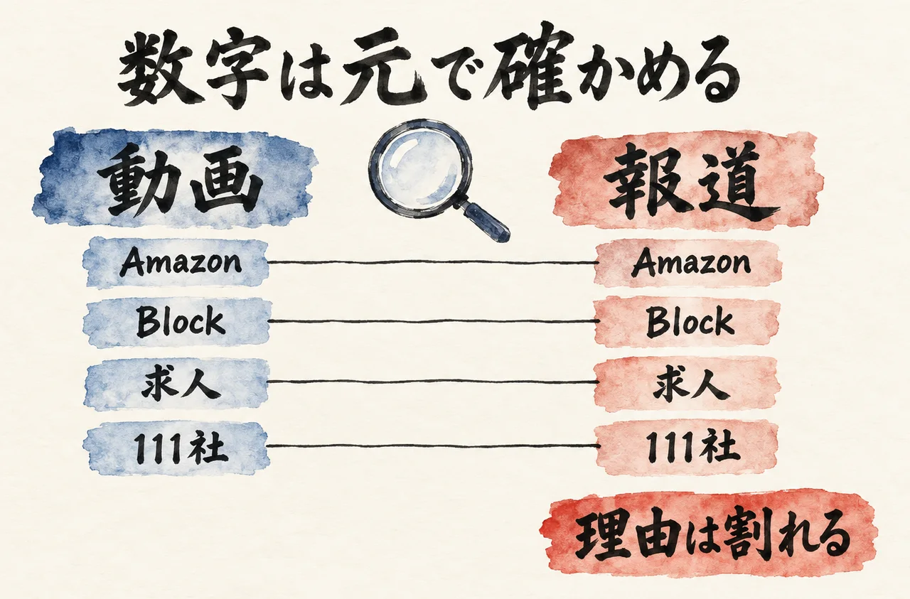 左に「動画」、右に「報道」の札が並び、Amazon・Block・求人・111社の4項目が線で結ばれ、朱色の札「理由は割れる」が添えられた図解