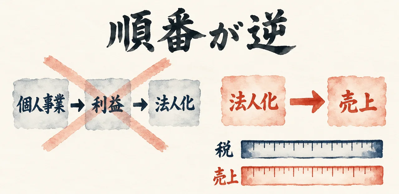 「個人事業→利益→法人化」にばつ印が付き、朱色の「法人化→売上」と、税と売上の2本の物差しが並ぶ図解