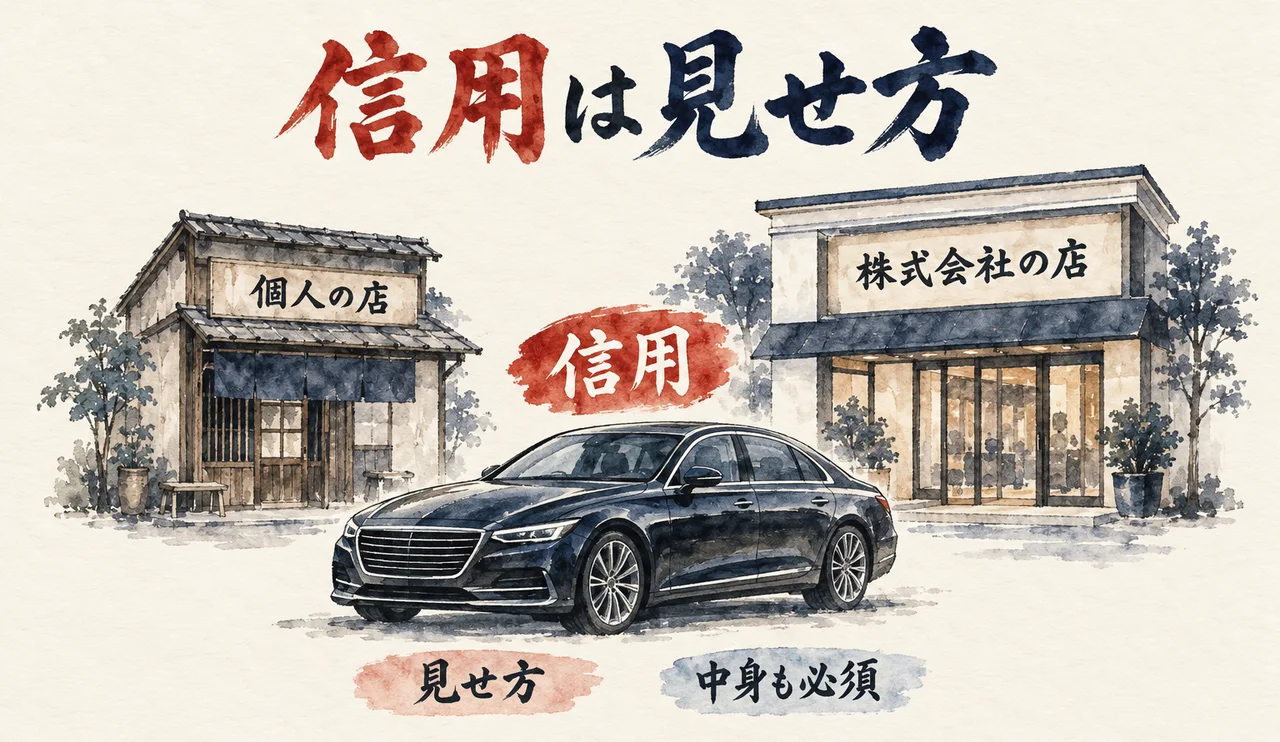 「個人の店」と「株式会社の店」の間に高級車が止まり、朱色の札「信用」と「見せ方」「中身も必須」が添えられた図解