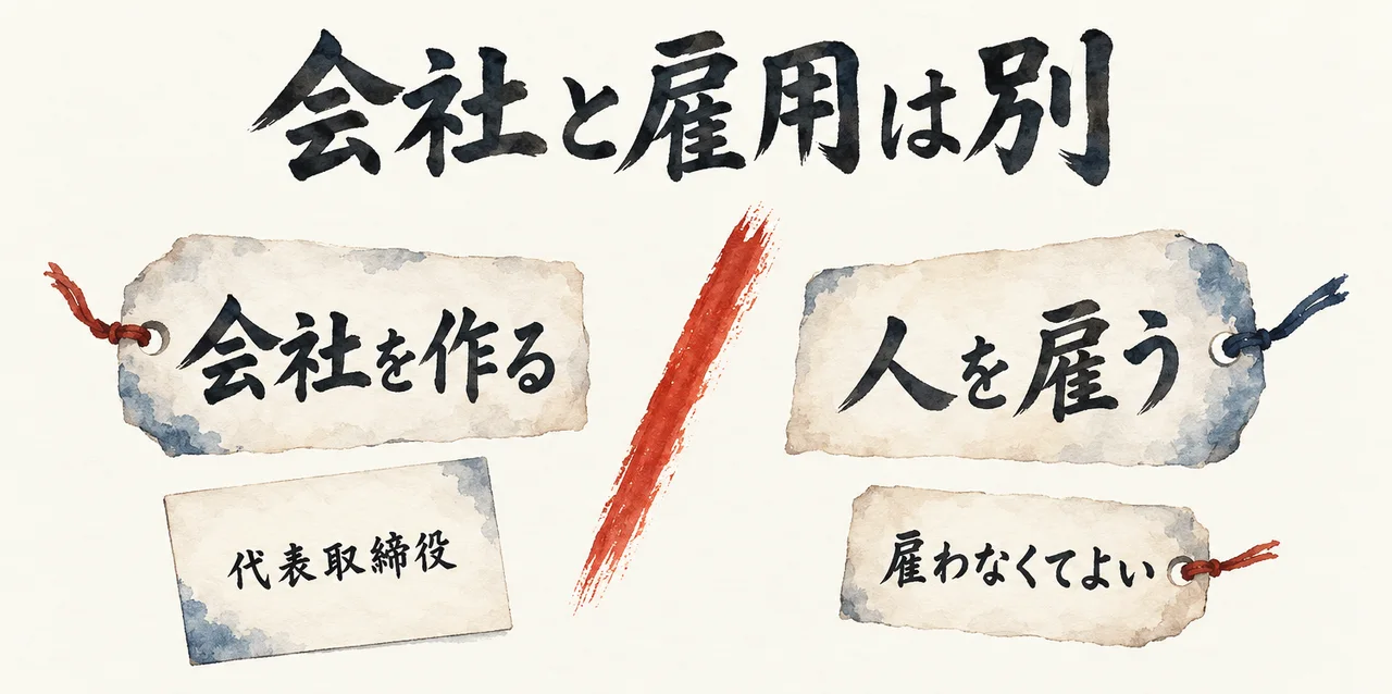 札「会社を作る」と札「人を雇う」が朱色の斜線で分けられ、「代表取締役」と「雇わなくてよい」の札が付いた図解