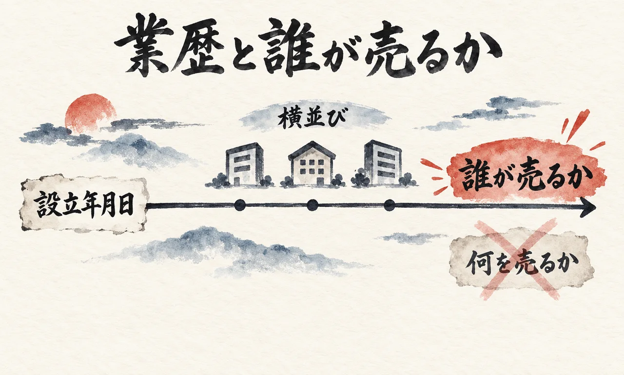 設立年月日の矢印の上に横並びの建物が並び、朱色の札「誰が売るか」とばつ印の付いた「何を売るか」がある図解