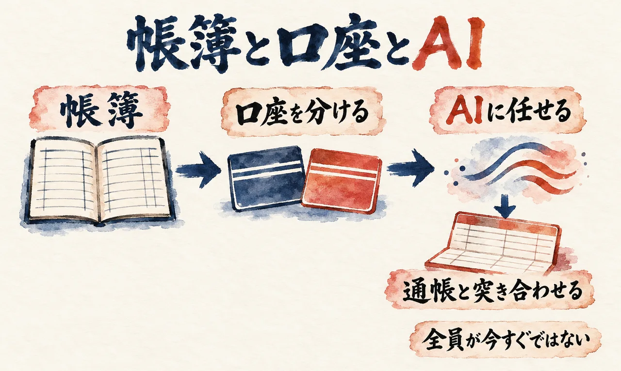 「帳簿」から「口座を分ける」、「AIに任せる」へ矢印が続き、「通帳と突き合わせる」「全員が今すぐではない」の札が並ぶ図解