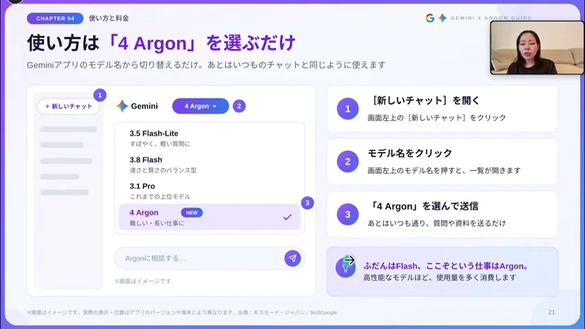 動画キャプチャ: 使い方は4 Argonを選ぶだけのスライドで、モデルの選択画面が出ている場面（9:05頃）