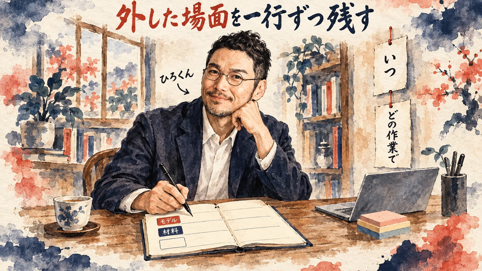 ノートに外した場面を一行ずつ書き残すひろくんと、いつ、どの作業で、と書いた2枚の札、モデルと材料の欄を描いたコラム図解