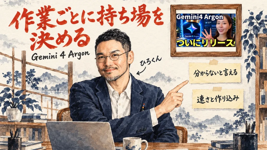 作業ごとに持ち場を決めてGemini 4 Argonを使うことを紹介するひろくんと、壁に動画のサムネイルを飾った額縁