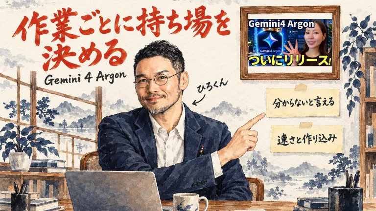 作業ごとに持ち場を決めてGemini 4 Argonを使うことを紹介するひろくんと、壁に動画のサムネイルを飾った額縁