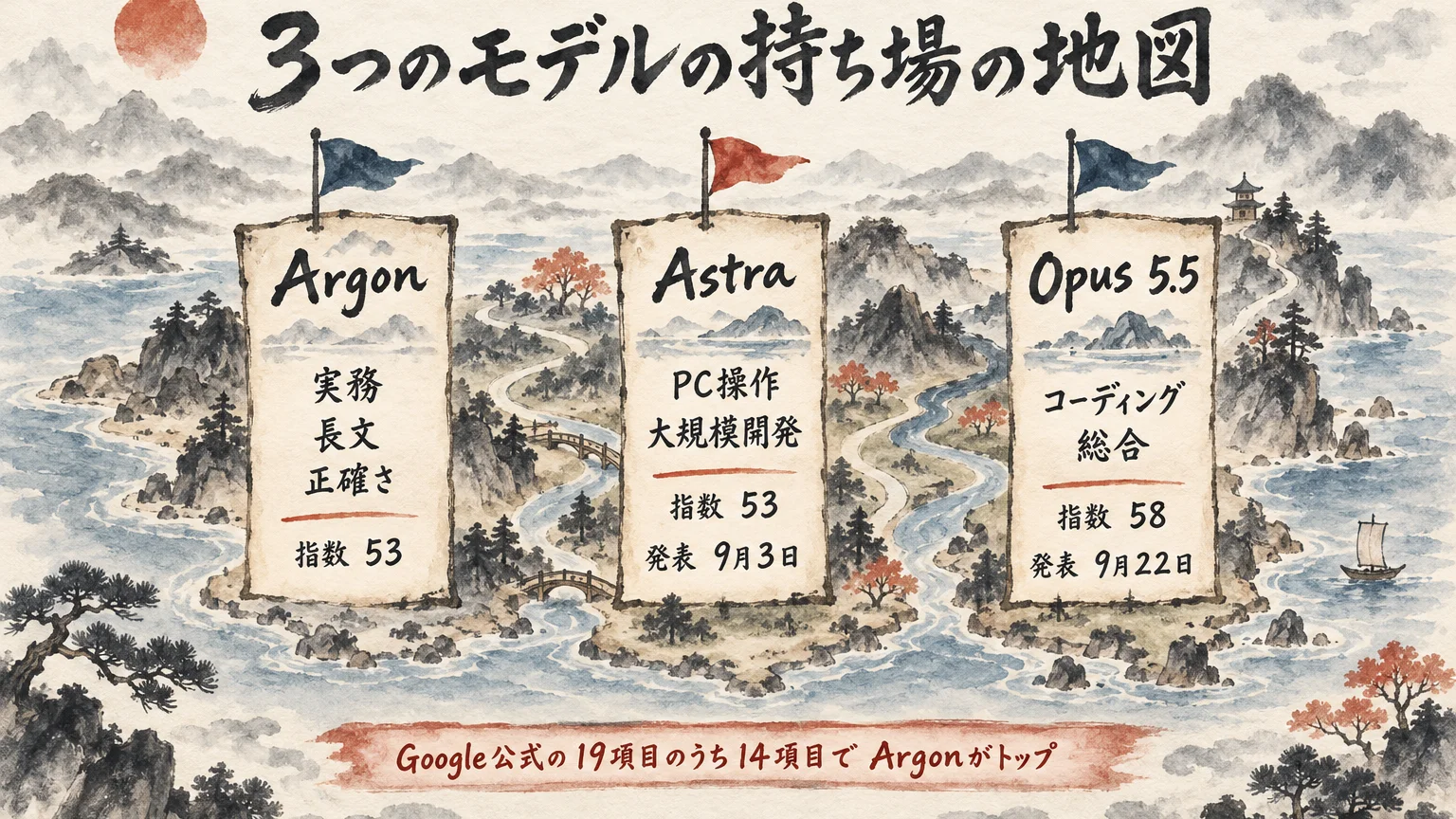 Argon、Astra、Opus 5.5の3つのモデルの得意分野と指数と発表日を、3つの旗が立つ地図として並べた図解