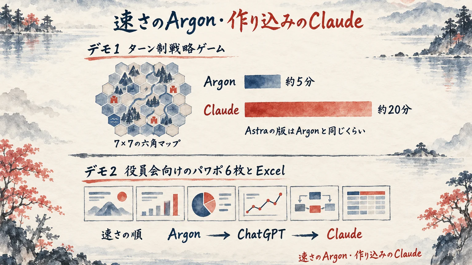 ターン制戦略ゲームの制作がArgonで約5分、Claudeで約20分だったことと、パワポ6枚とExcelの速さの順を示した図解