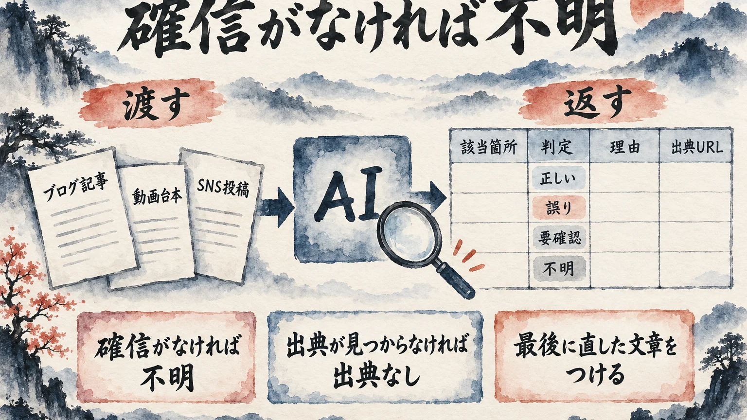 ブログ記事・動画台本・SNS投稿をAIに渡し、該当箇所・判定・理由・出典URLの表で返させる流れと、確信がなければ不明にする3つのルールを示した図解