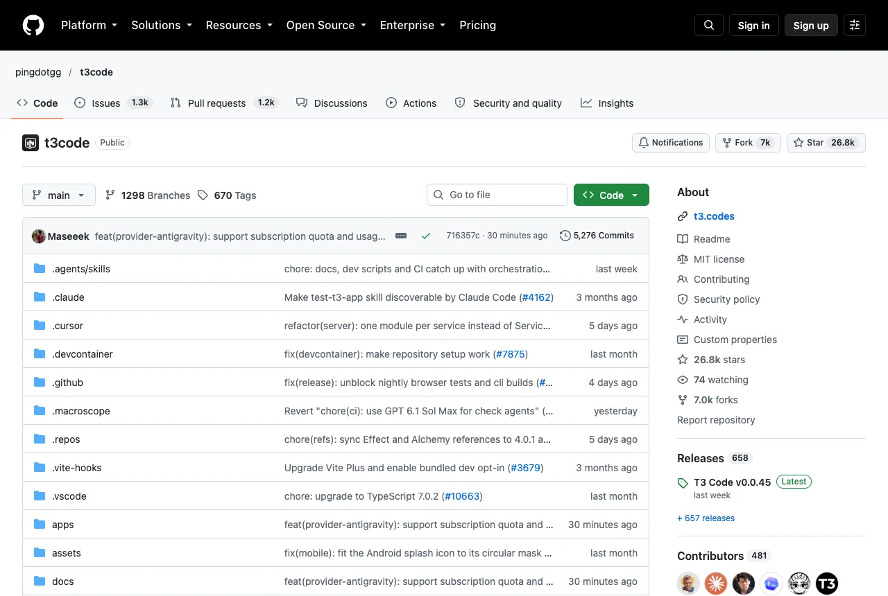 pingdotgg/t3code のGitHubリポジトリのページ（2026年10月11日撮影）