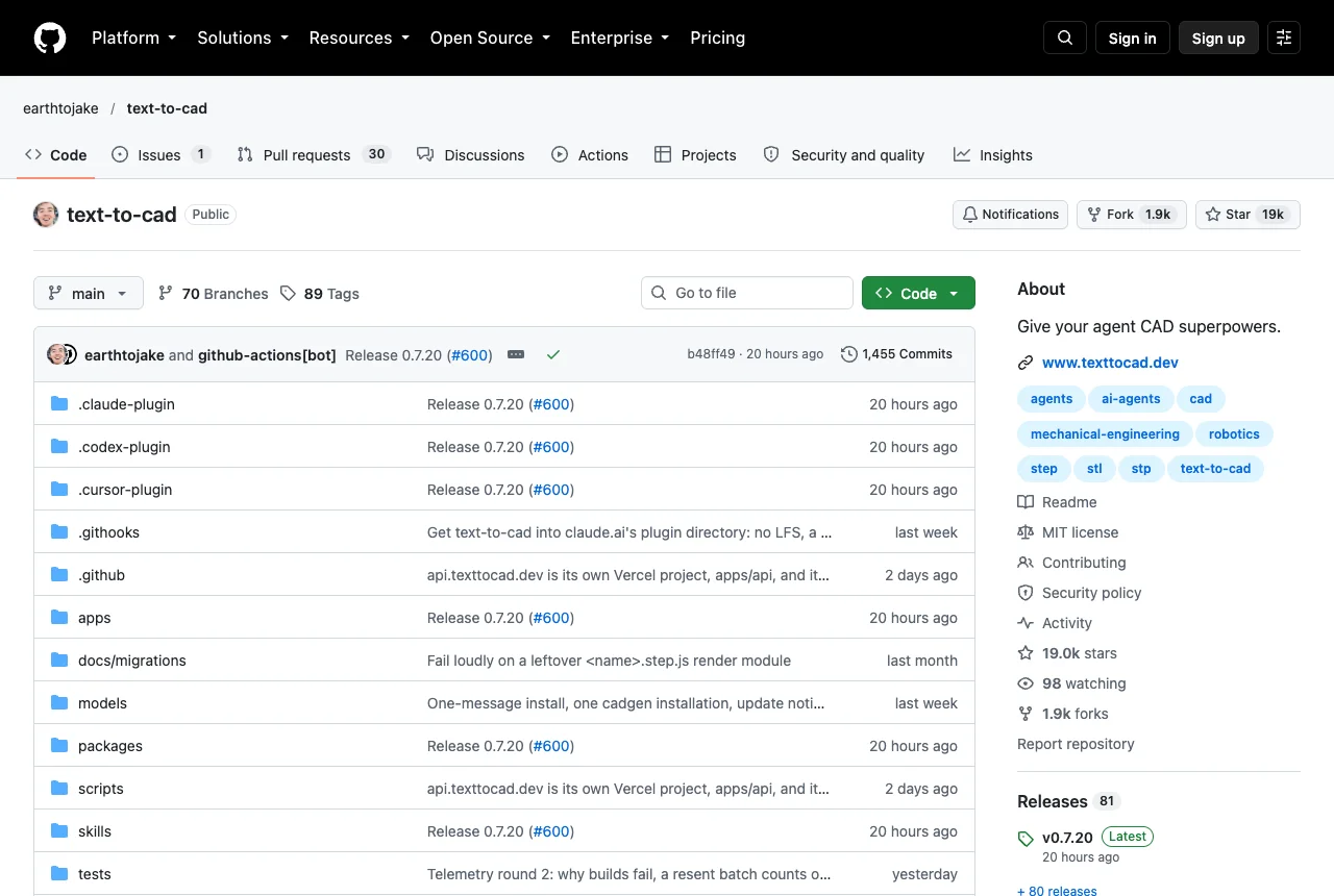 earthtojake/text-to-cad のGitHubリポジトリのページ（2026年10月11日撮影）