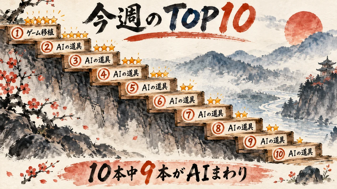 今週のTOP10を階段で並べた図。1位だけゲーム移植、2〜10位はAIの道具