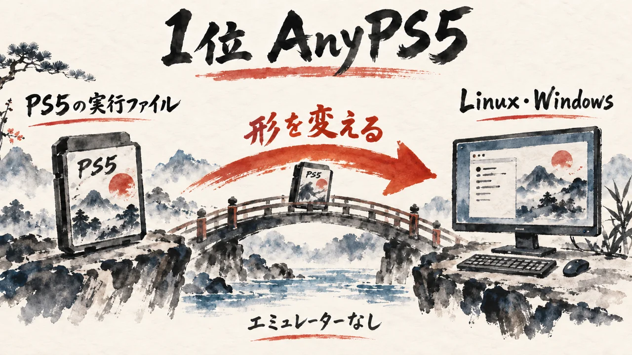 1位AnyPS5がPS5の実行ファイルをLinux・Windowsで動く形に変える図
