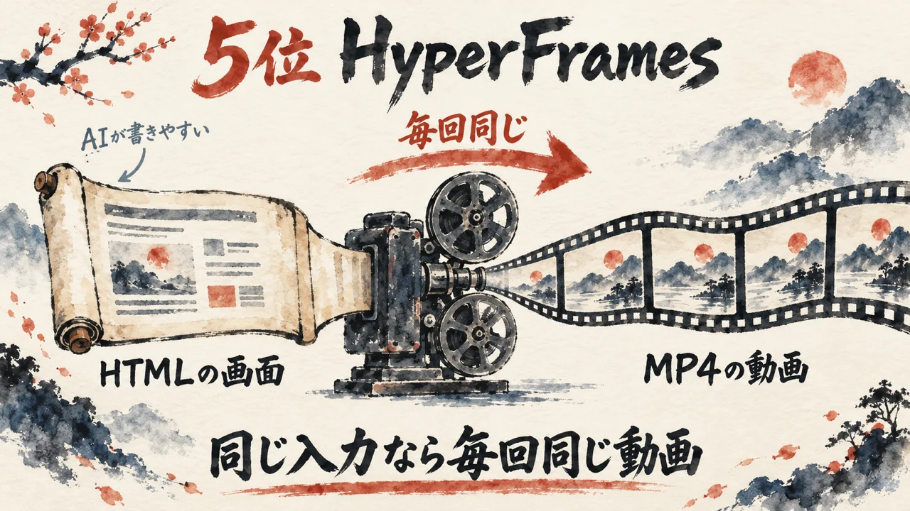 5位HyperFramesがHTMLの画面を毎回同じMP4にする図