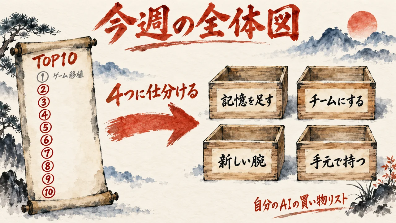今週のTOP10を4つに仕分けて、自分のAIの買い物リストにする全体図