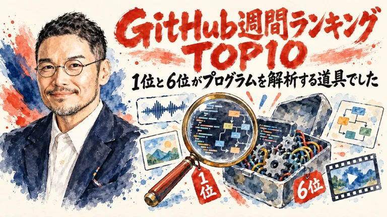 GitHub週間ランキングTOP10 10月第3週のアイキャッチ。1位と6位がプログラムを解析する道具でした