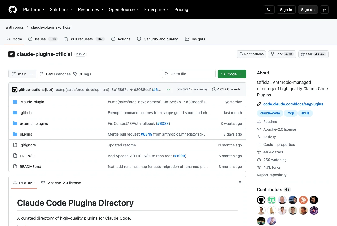 anthropics/claude-plugins-official のGitHubリポジトリのページ（2026年10月25日撮影）