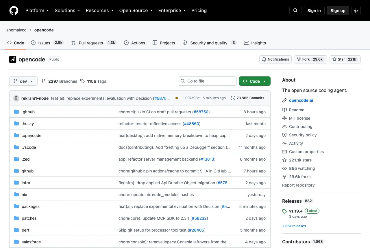 anomalyco/opencode のGitHubリポジトリのページ（2026年10月25日撮影）