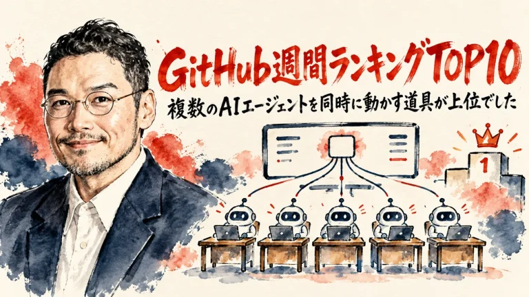 GitHub週間ランキングTOP10 複数のAIエージェントを同時に動かす道具が上位でした のアイキャッチ。ひろくんと、5つの机のロボットが1つの画面につながる絵