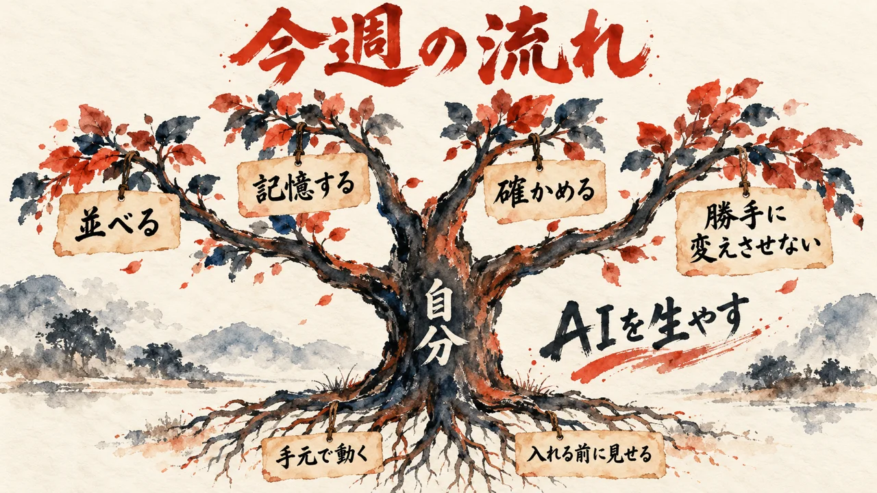 今週の流れを、自分という幹から伸びる、並べる・記憶する・確かめる・勝手に変えさせないの4本の枝で示した図