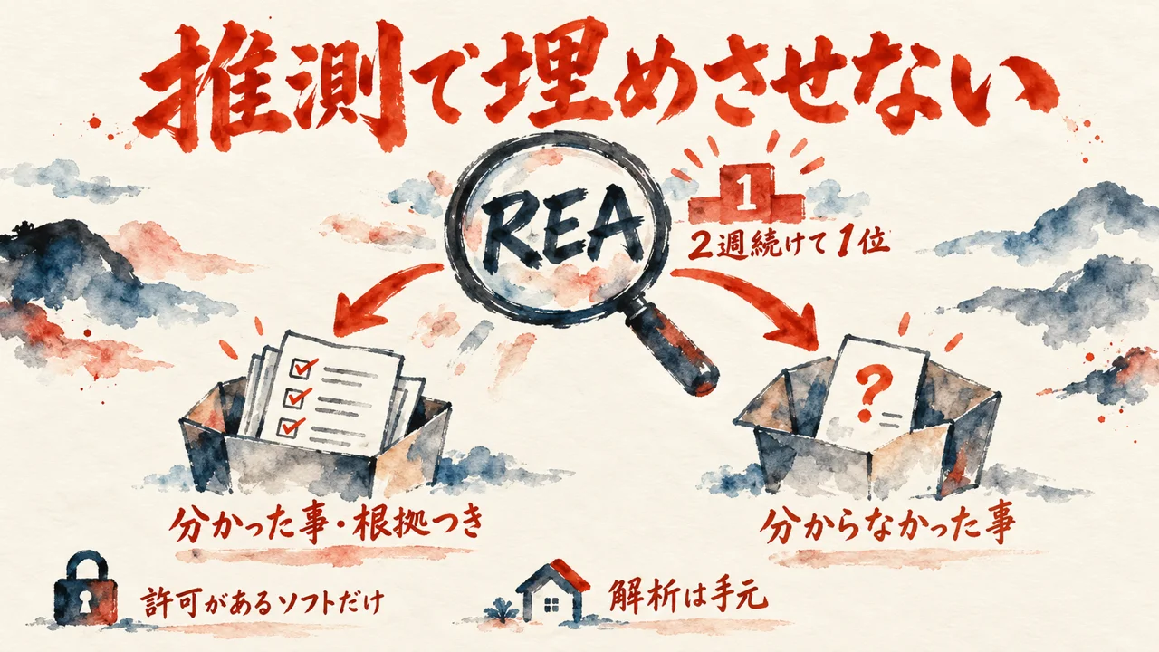 1位REAが、AIエージェントにプログラムの中身を調べさせ、分かった事と分からなかった事を分けて返す図
