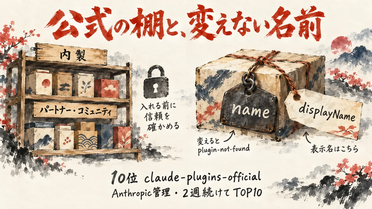10位claude-plugins-officialの、内製とパートナー・コミュニティの棚と、変えられない名前nameと表示名displayNameの図
